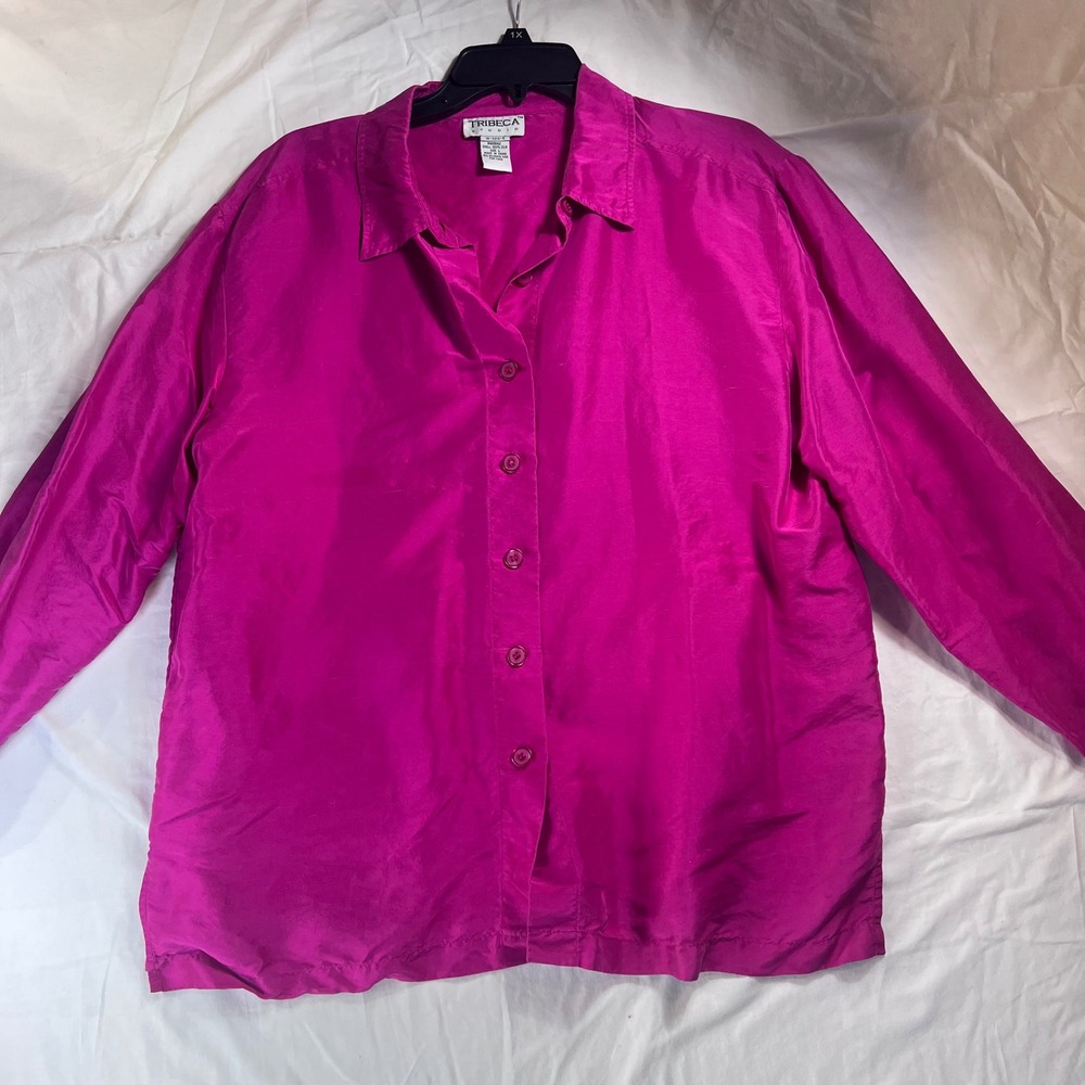 Tribeca Studio Womens Magenta Pink 100% Silk Button Down Blouse Size L